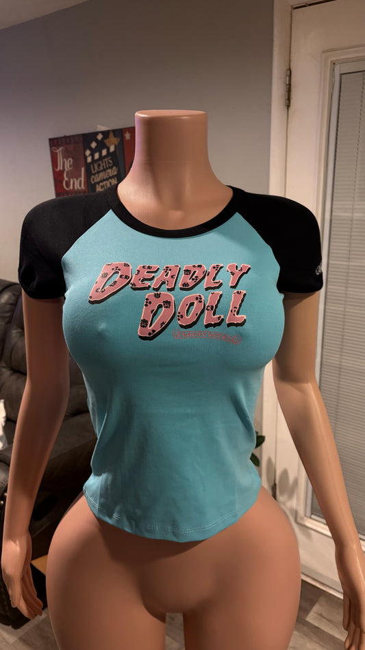 Blue n Black Chrome Heart Deadly Doll CropTop Shirt